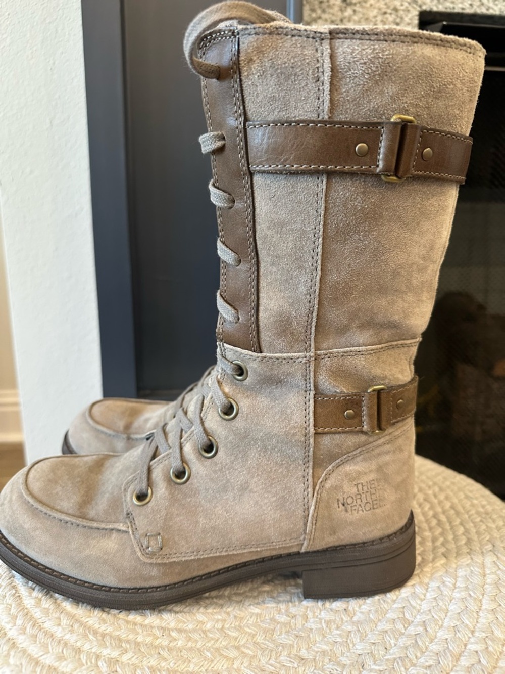 The North Face Taupe Suede Lace-Up Mid-Calf Boots with Brown Leather Straps